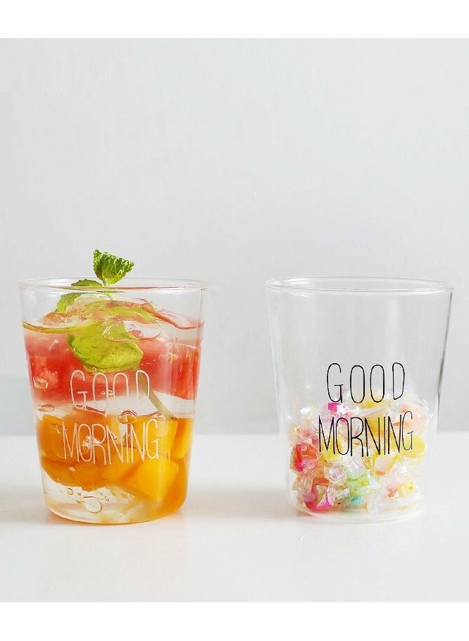 Borosilicate Good Morning Printed Glass Cup for Juice Tea Coffee and  for everyday use 400 ML  Set of 2