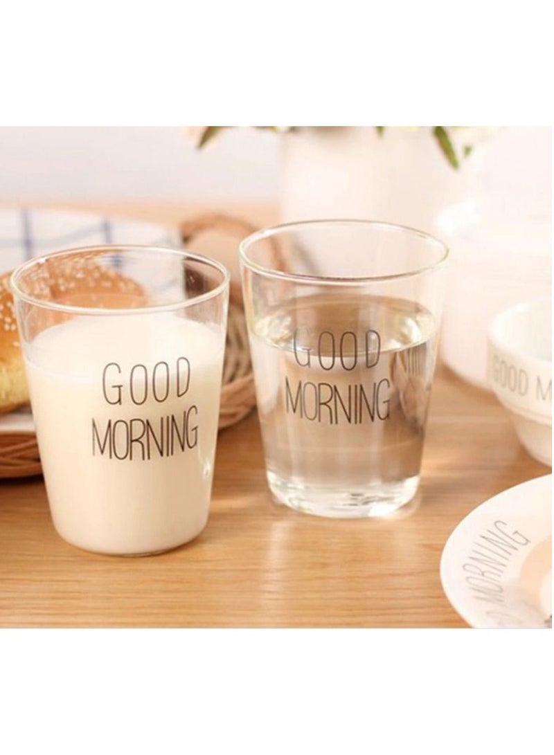 Borosilicate Good Morning Printed Glass Cup for Juice Tea Coffee and  for everyday use 400 ML  Set of 2