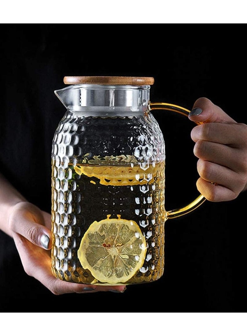 Heat Resistant Borosilicate Glass Water Pitcher With Bamboo Lid And Stainless Steel Strainer, 1800 ML