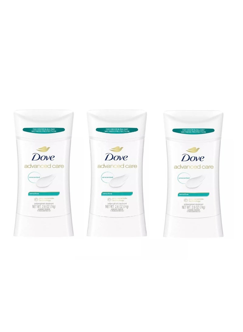 Dove Deodorant 2.6 Ounce Anti-Perspirant Sensitive Stick, 3 Pack, Unscented