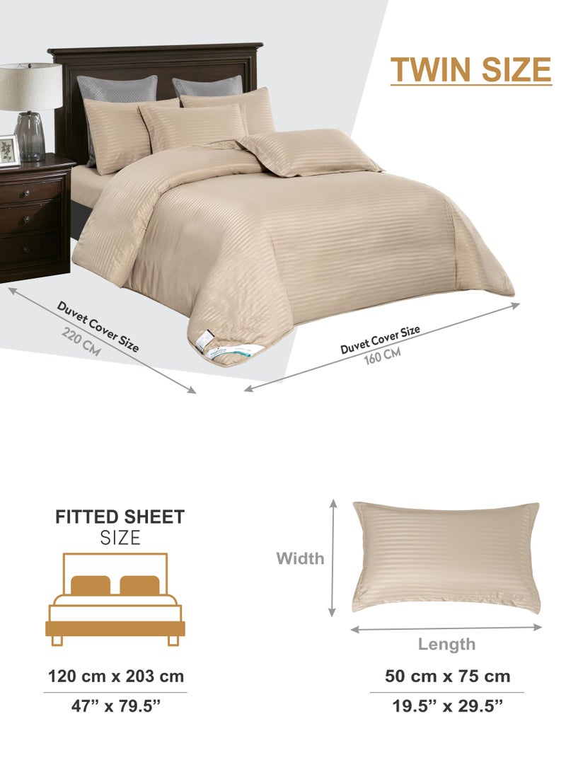 Duvet Set 4-Pcs Single Size Striped Microfiber Bed Set Fits(100x200 CM) With Duvet Cover Fitted Sheet Pillow Sham And Pillowcases(Without Filler),Beige