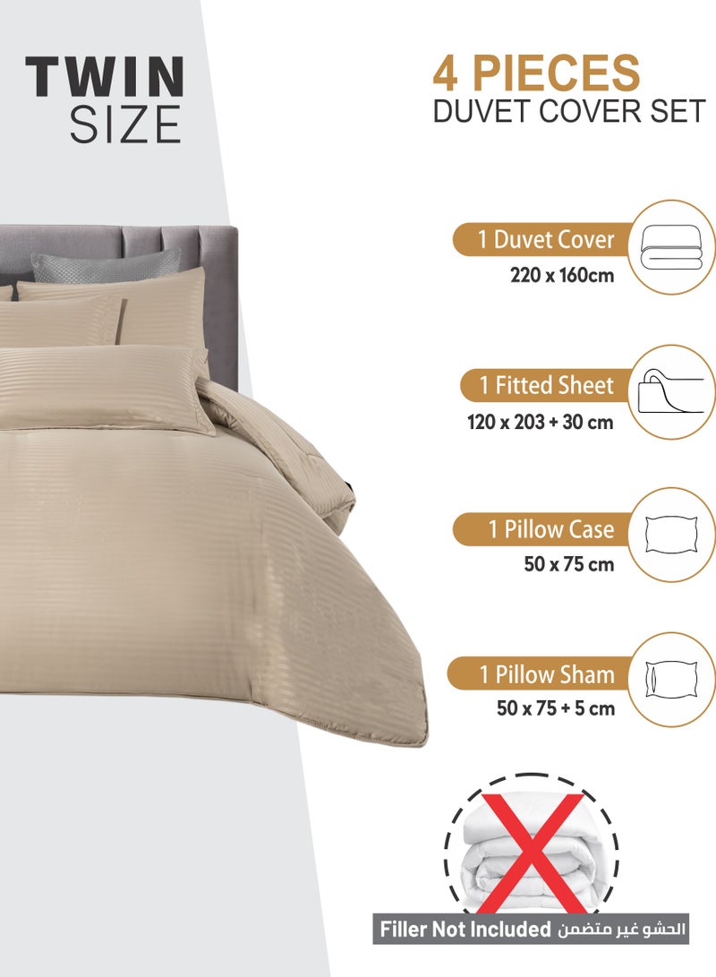 Duvet Set 4-Pcs Single Size Striped Microfiber Bed Set Fits(100x200 CM) With Duvet Cover Fitted Sheet Pillow Sham And Pillowcases(Without Filler),Beige