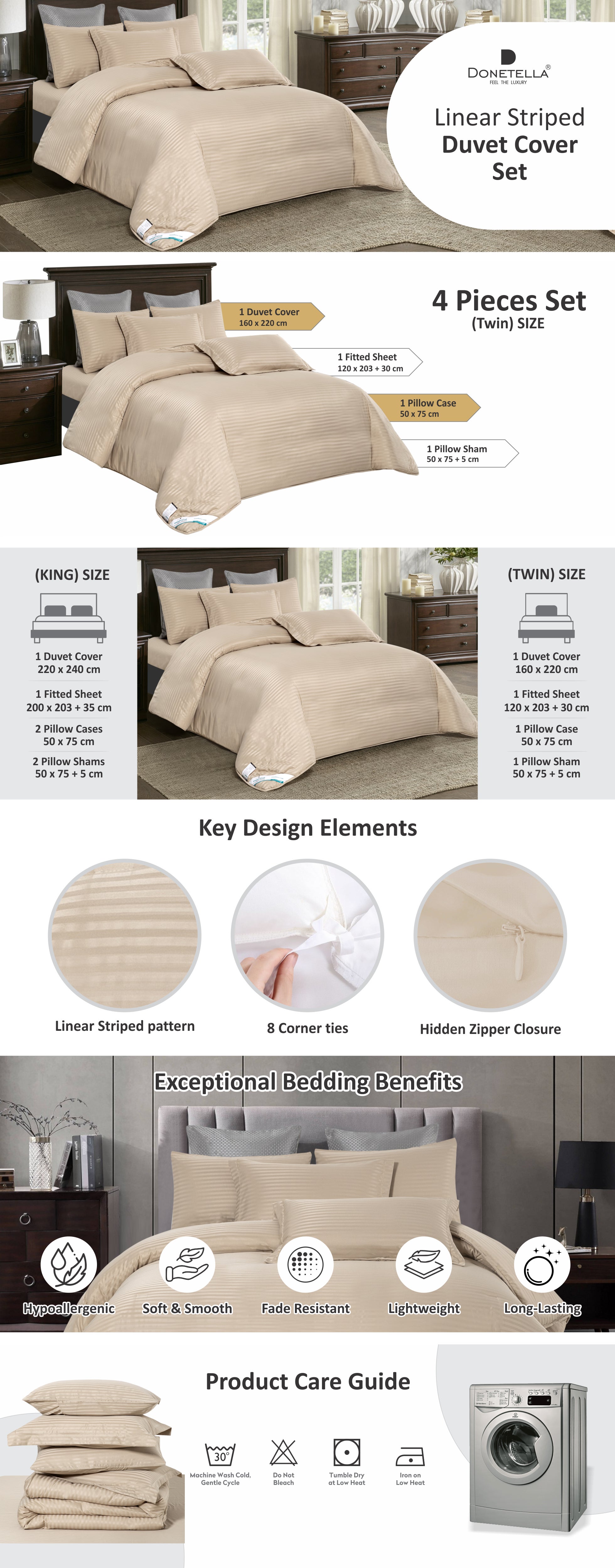 Duvet Set 4-Pcs Single Size Striped Microfiber Bed Set Fits(100x200 CM) With Duvet Cover Fitted Sheet Pillow Sham And Pillowcases(Without Filler),Beige