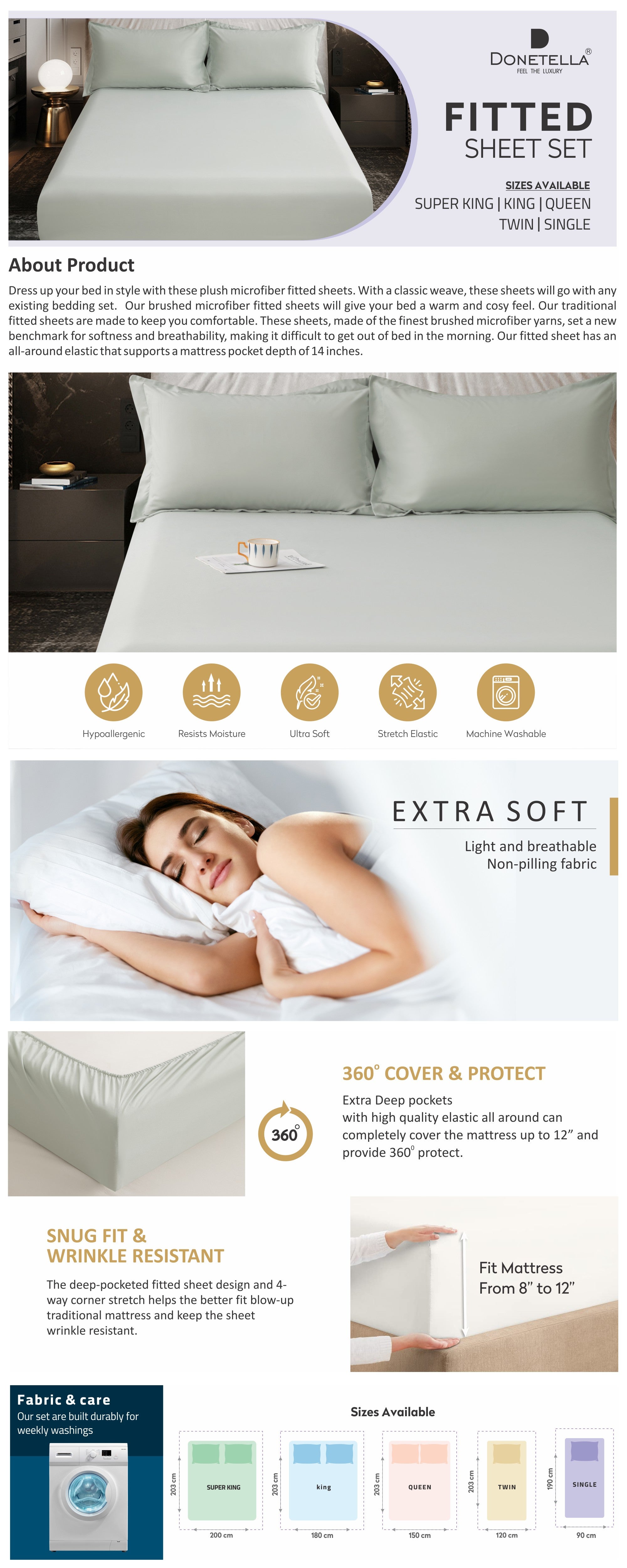 Bedding Fitted Sheet 2-Pcs Twin Size Solid Bed Sheet Set Fits(120x200CM) With Pillowcases And 30 CM Extra Deep Brushed Microfiber Bed Sheet,Mercury