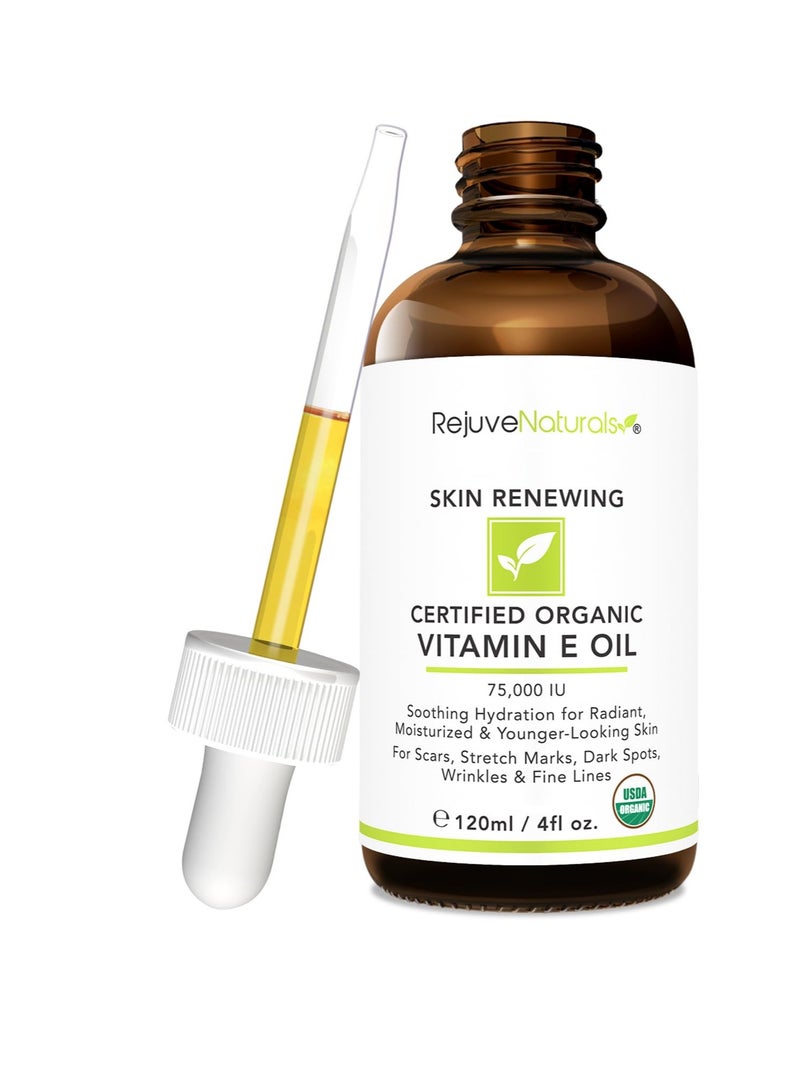 Vitamin E Oil - 100% All Natural & USDA Organic (LARGE 4oz Bottle) Repair Dry, Damaged Skin from Surgery & Acne, Age Spots & Wrinkles. For Radiant, Hydrated & Youthful Skin. Face & Body Moisturizer