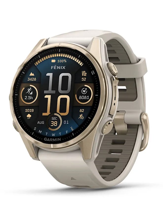 Fenix 8  - 43MM - Up To 29 Days Battery Life - 1.3"inch Amoled Display, Scratch Resistant, Sapphire Crystal, Heart Rate Monitor, All Day Stress Monitor, Offline Voice Command, Calling Features, Super Bright LED Flashlight, iOS and Android Compatible Gold