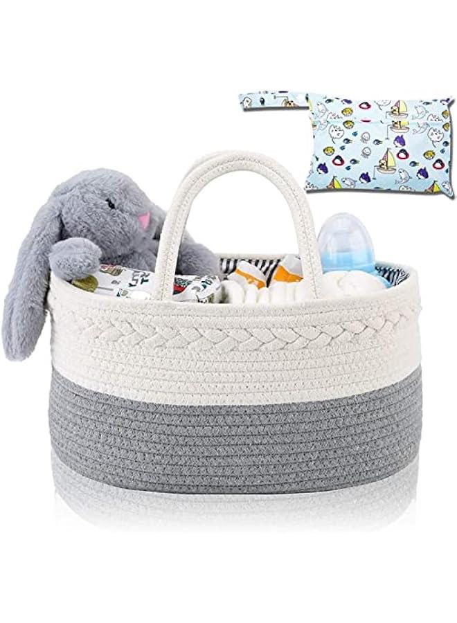 2 in 1 Baby Diaper Caddy Organizer, 100% Cotton Rope Diaper Storage Basket, Nursery Diaper Organizer for Newborn Boys Girls, Best Baby Shower Basket with Extra Wet/Dry Diaper Caddy Organizer