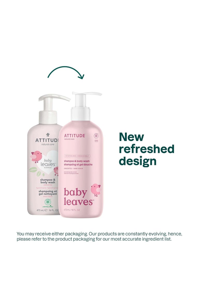 ATTITUDE 2-in-1 Shampoo and Body Wash for Baby, Fragrance-Free EWG Hypoallergenic Plant- and Mineral-Based Ingredients, Vegan and Cruelty-Free, Unscented, 16 Fl Oz