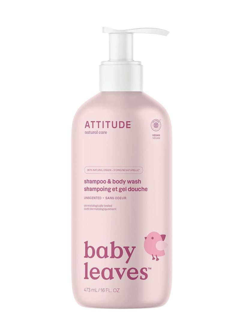 ATTITUDE 2-in-1 Shampoo and Body Wash for Baby, Fragrance-Free EWG Hypoallergenic Plant- and Mineral-Based Ingredients, Vegan and Cruelty-Free, Unscented, 16 Fl Oz