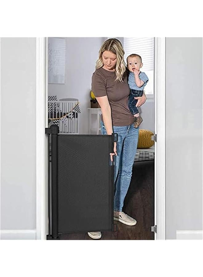 Retractable Baby Gate,  Mesh Safety Gate for Babies and Pets, Extra Wide Safety Baby Gate 86cm Tall & 150cm Wide(Need to Punch), Pet Dog Gate for doorways, Stairs, Indoor/Outdoor (Black)