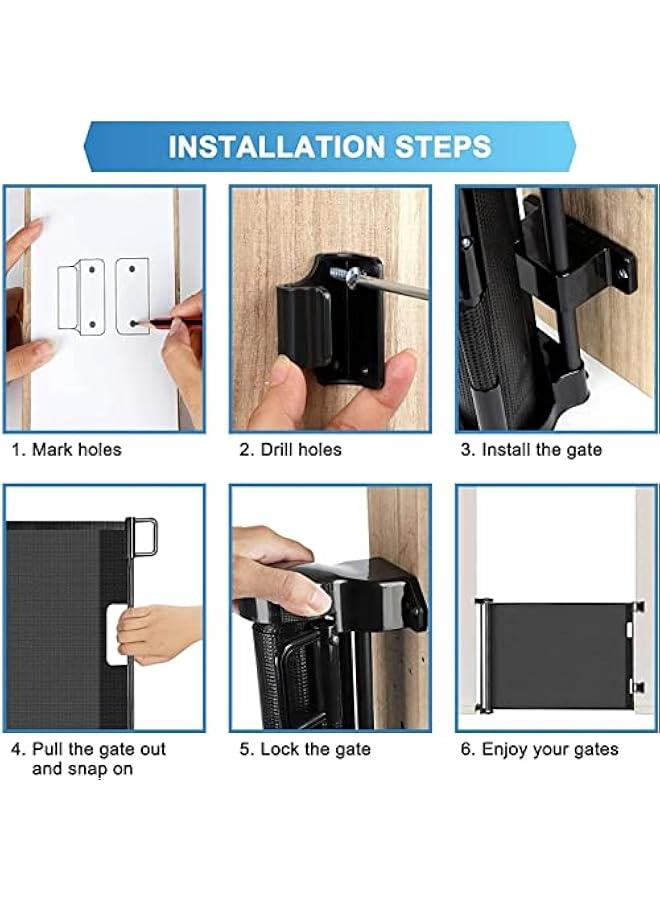Retractable Baby Gate,  Mesh Safety Gate for Babies and Pets, Extra Wide Safety Baby Gate 86cm Tall & 150cm Wide(Need to Punch), Pet Dog Gate for doorways, Stairs, Indoor/Outdoor (Black)