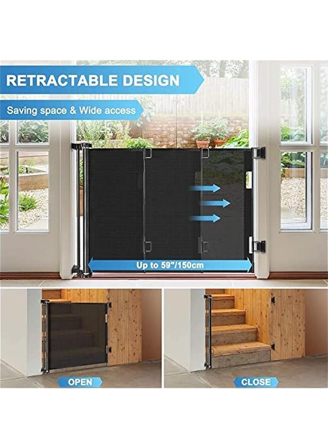 Retractable Baby Gate,  Mesh Safety Gate for Babies and Pets, Extra Wide Safety Baby Gate 86cm Tall & 150cm Wide(Need to Punch), Pet Dog Gate for doorways, Stairs, Indoor/Outdoor (Black)