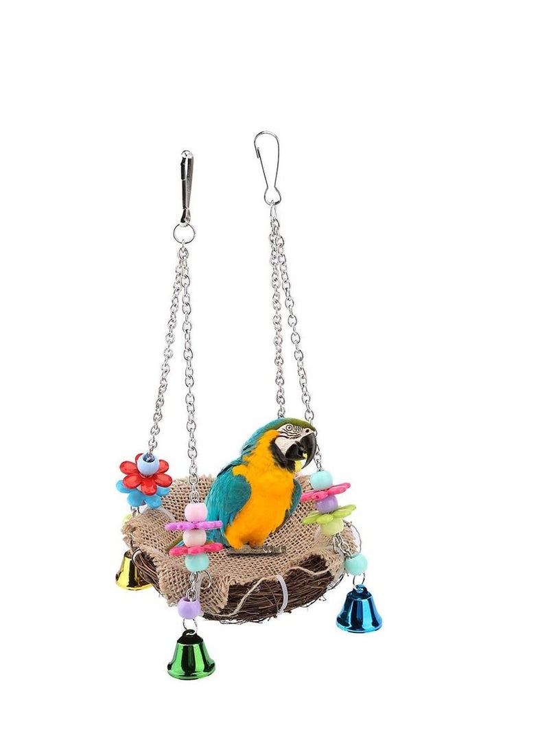 Hanging Bird Nest Bird Swing Toys with Bells Natural Rattan Winter Warm Nest Bird Cage Hammock for Cockatoo Macaw Grey Budgie Parakeet Cockatiel Lovebird Finch