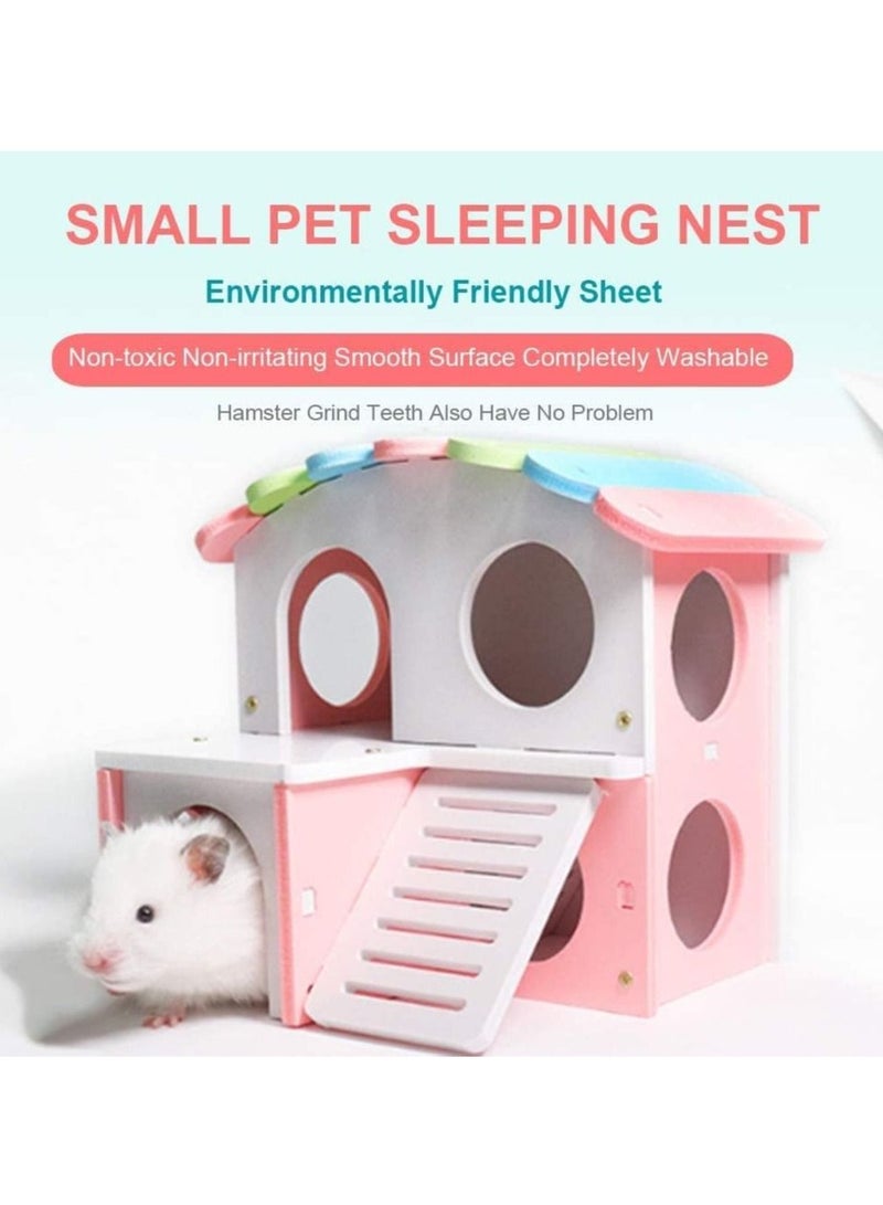 SYOSI Wooden Hamster House, Hamster Hideout House with Stair Exercise Toys, Small Animal Pet Play House, Dual-layer Hamster Villa with Hamster Ladder (Pink)