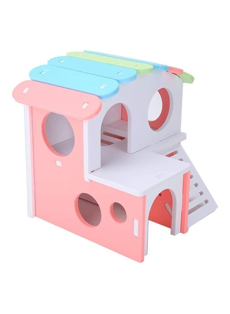 SYOSI Wooden Hamster House, Hamster Hideout House with Stair Exercise Toys, Small Animal Pet Play House, Dual-layer Hamster Villa with Hamster Ladder (Pink)