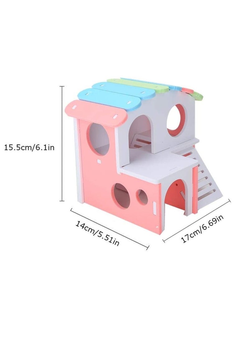 SYOSI Wooden Hamster House, Hamster Hideout House with Stair Exercise Toys, Small Animal Pet Play House, Dual-layer Hamster Villa with Hamster Ladder (Pink)