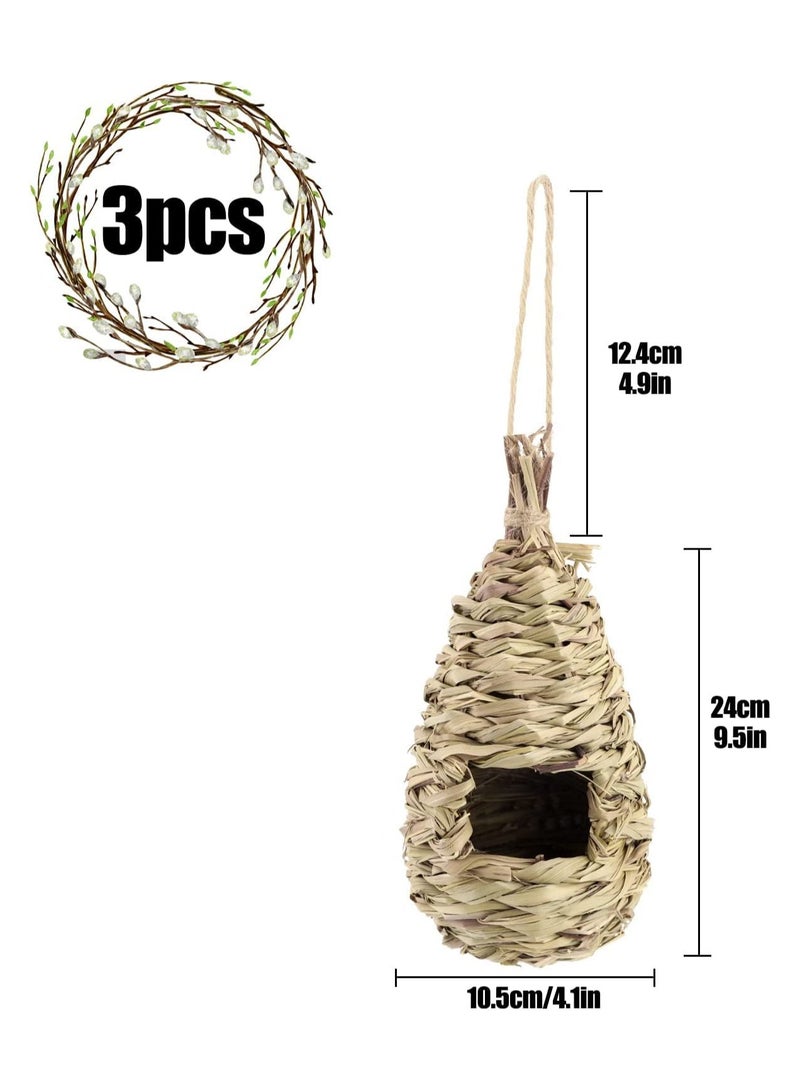 3 Bird'S Nests Outdoor Hummingbird House Garden Decoration With Hand-Woven Bird'S Nest Box