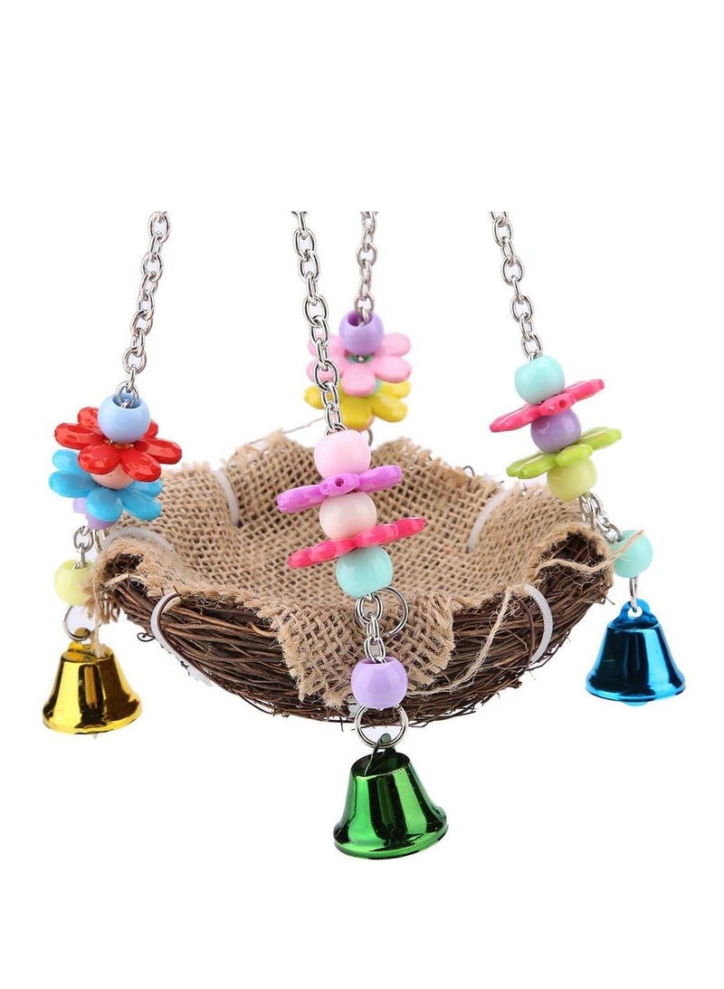 Hanging Bird Nest Bird Swing Toys with Bells Natural Rattan Winter Warm Nest Bird Cage Hammock for Cockatoo Macaw Grey Budgie Parakeet Cockatiel Lovebird Finch