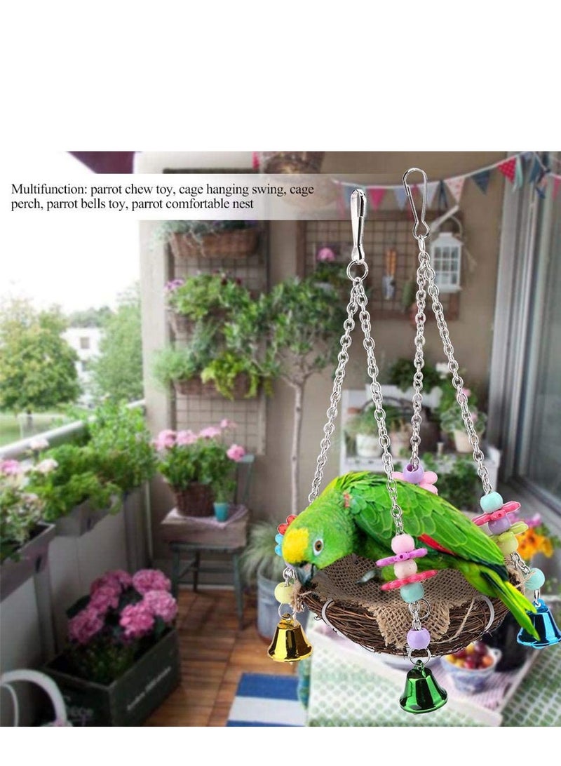 Hanging Bird Nest Bird Swing Toys with Bells Natural Rattan Winter Warm Nest Bird Cage Hammock for Cockatoo Macaw Grey Budgie Parakeet Cockatiel Lovebird Finch