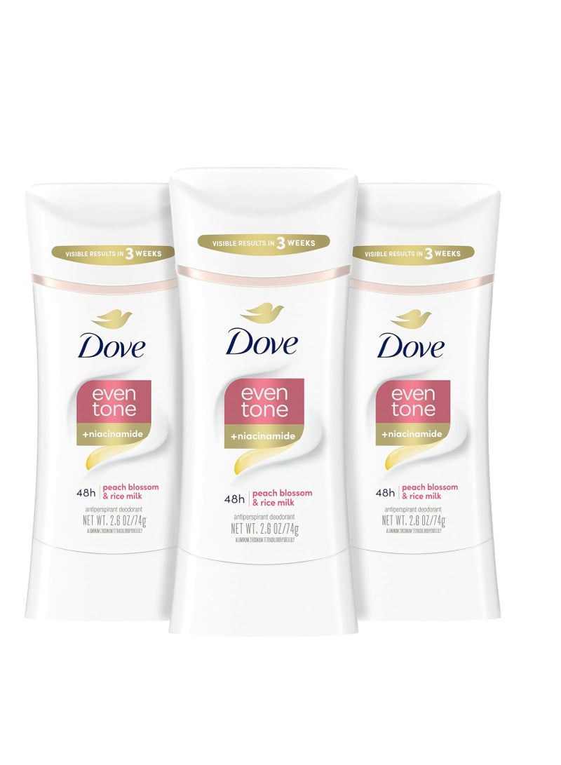 Dove Even Tone Antiperspirant Deodorant Stick Peach Blossom & Rice Milk 3 Count 2.6 oz