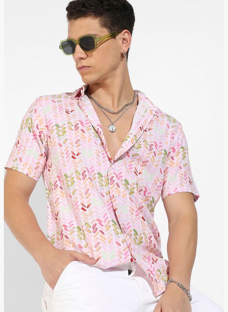 Printed Spread Collar Short Sleeve Shirt