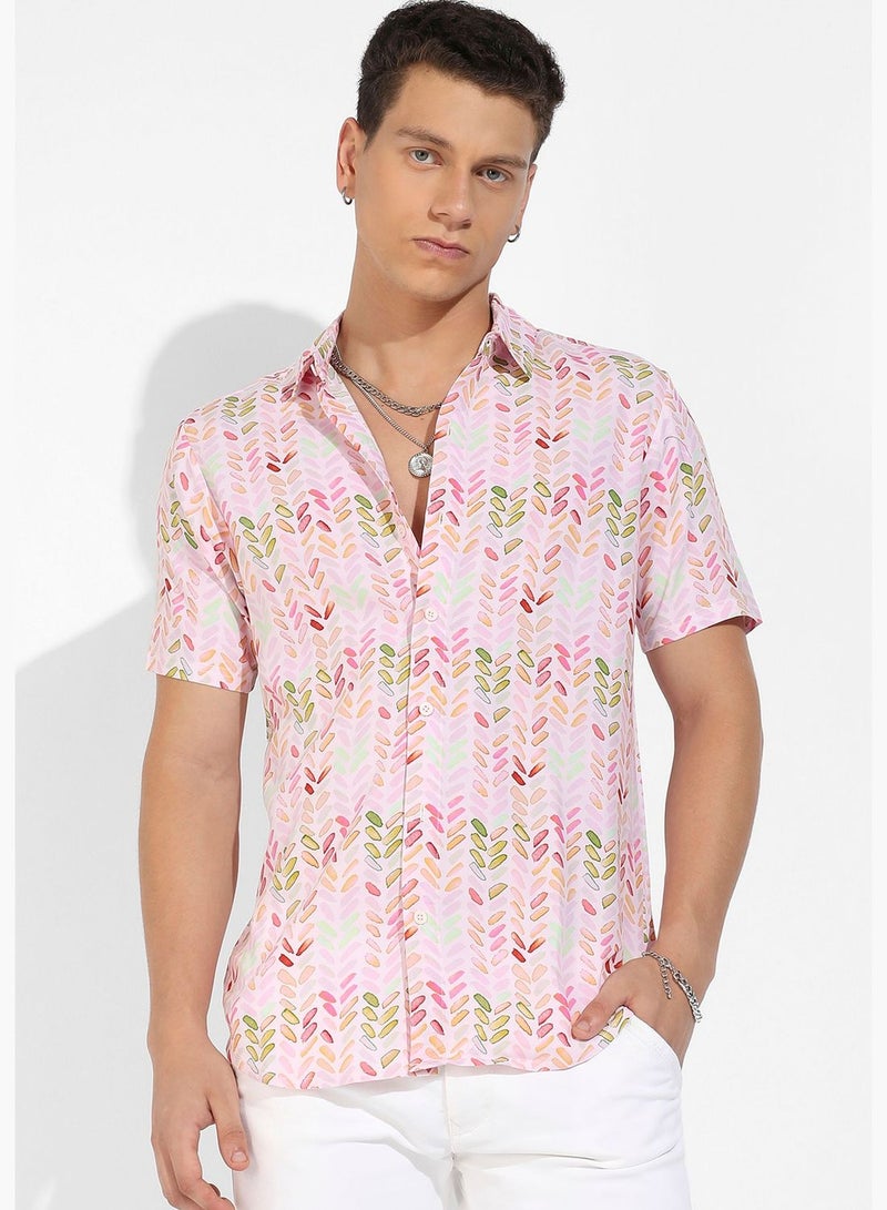 Printed Spread Collar Short Sleeve Shirt