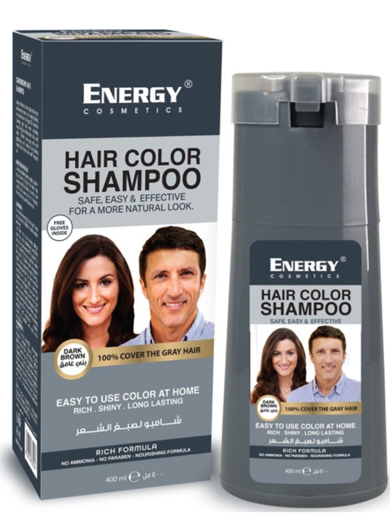 Energy Cosmetics Hair Color Shampoo, Safe & Easy to Use, No Ammonia, No Paraben, 100% Dark Brown, 400ml