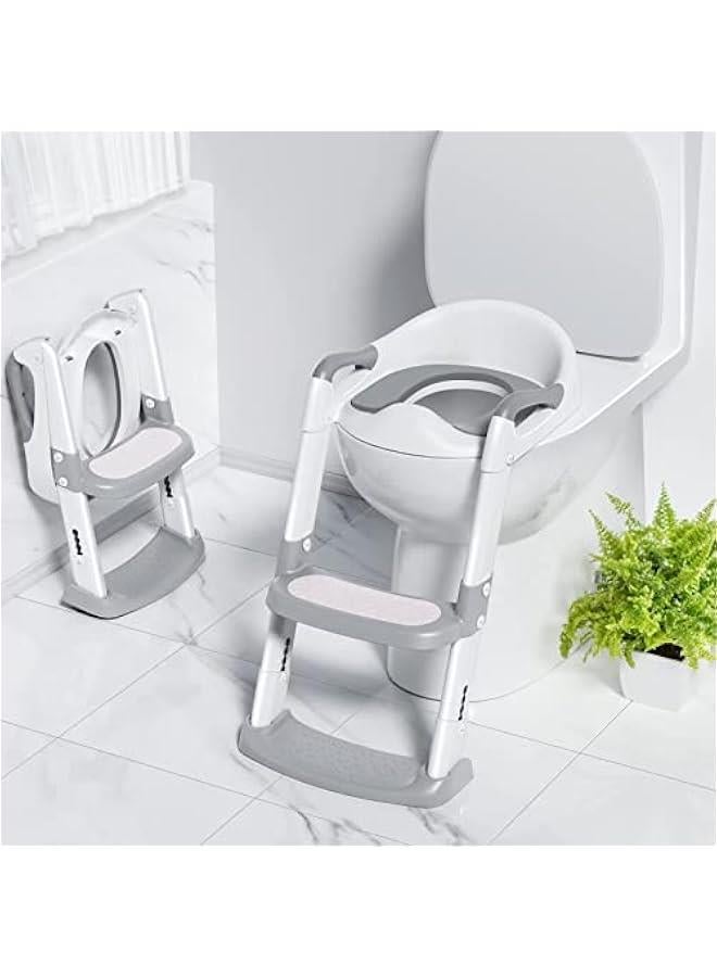 DMG Potty Training Seat, Kids Toilet Training Seat with Step Stool, Foldable Portable Potty Chair with Adjustable Height Ladder Guard Handle Soft Cushion White for Baby Toddler Boys Girls (Grey)