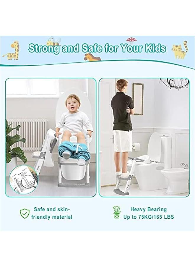 DMG Potty Training Seat, Kids Toilet Training Seat with Step Stool, Foldable Portable Potty Chair with Adjustable Height Ladder Guard Handle Soft Cushion White for Baby Toddler Boys Girls (Grey)