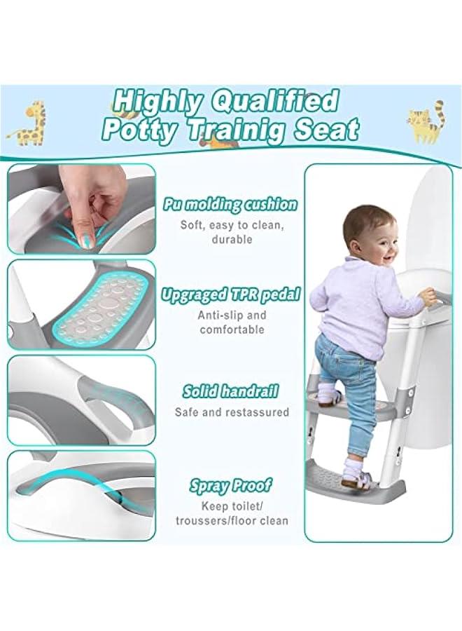 DMG Potty Training Seat, Kids Toilet Training Seat with Step Stool, Foldable Portable Potty Chair with Adjustable Height Ladder Guard Handle Soft Cushion White for Baby Toddler Boys Girls (Grey)