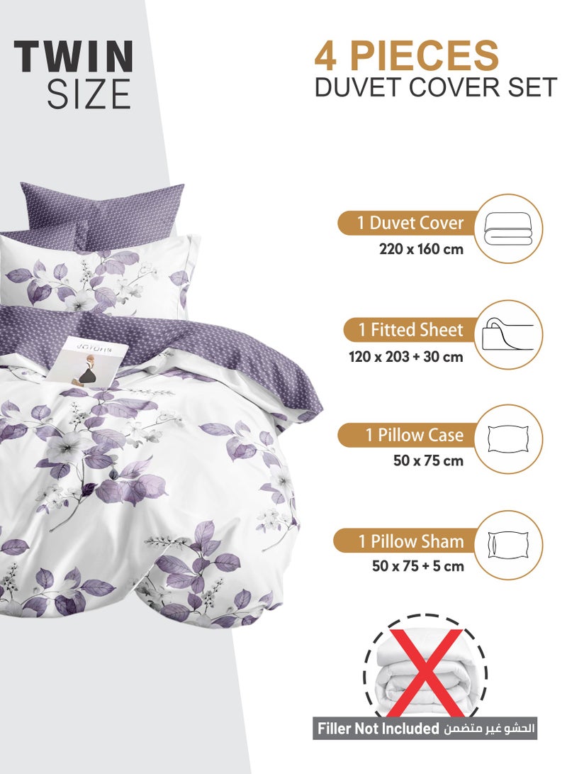 Duvet Cover Set 4-Pcs Twin Size Printed Bed Set Fits (100x200 CM) With Fitted Sheet Pillow Sham And Pillow Cases (Without Filler),Lavender Grey