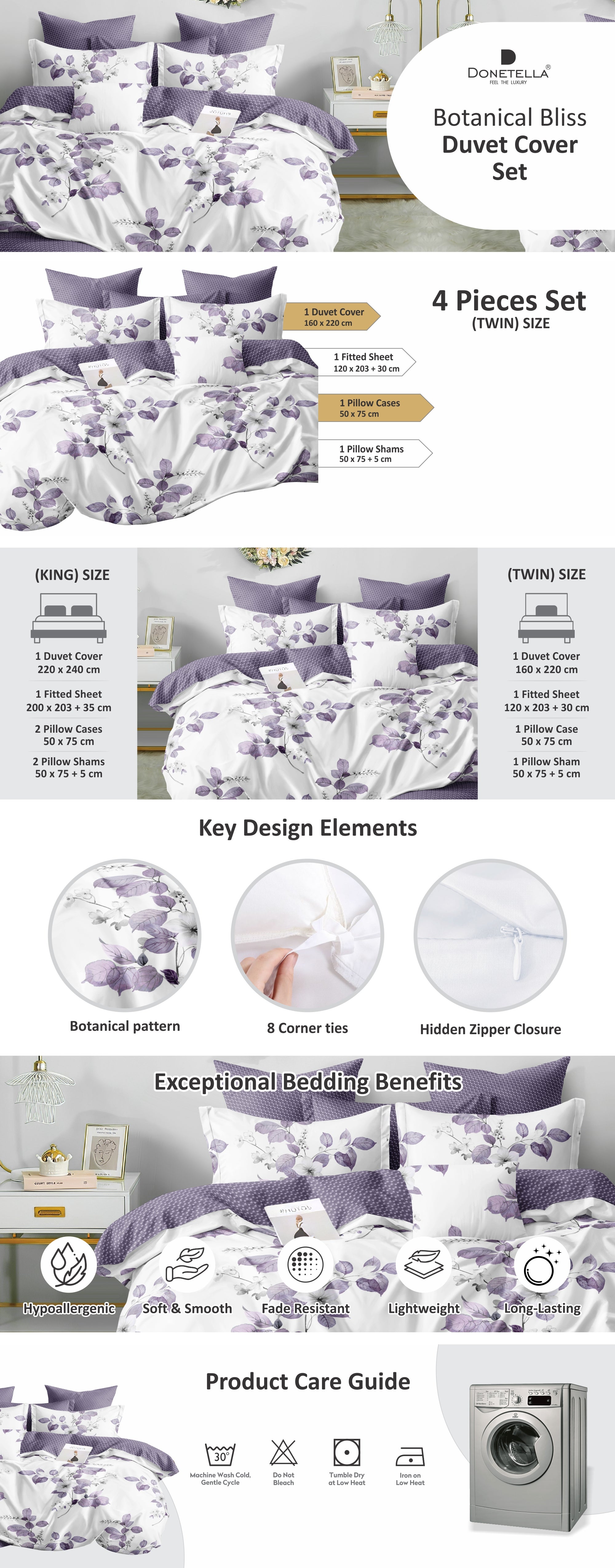 Duvet Cover Set 4-Pcs Twin Size Printed Bed Set Fits (100x200 CM) With Fitted Sheet Pillow Sham And Pillow Cases (Without Filler),Lavender Grey