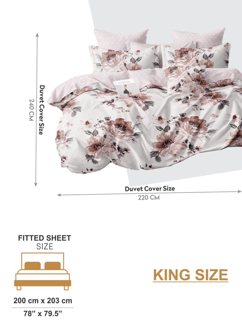 Duvet Cover Set 6-Pcs King Size Printed Bed Set Fits (200x200 CM) With Fitted Sheet PillowSham And Pillow Cases (Without Filler),Dawn Pink