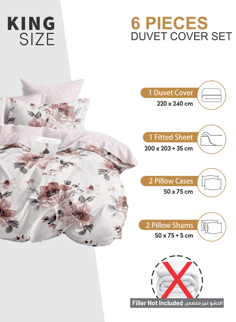 Duvet Cover Set 6-Pcs King Size Printed Bed Set Fits (200x200 CM) With Fitted Sheet PillowSham And Pillow Cases (Without Filler),Dawn Pink