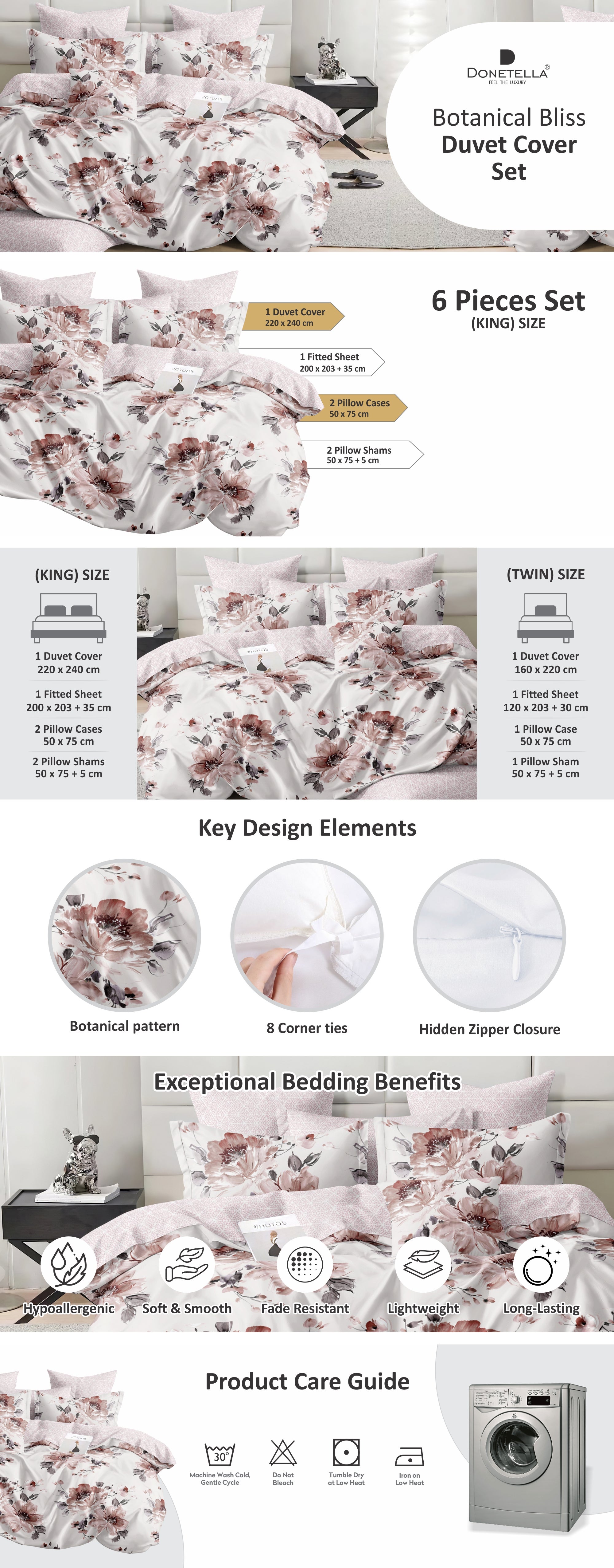 Duvet Cover Set 6-Pcs King Size Printed Bed Set Fits (200x200 CM) With Fitted Sheet PillowSham And Pillow Cases (Without Filler),Dawn Pink