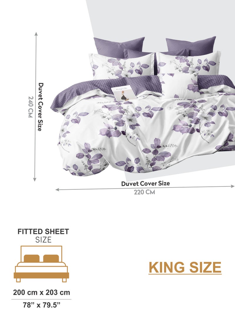 Duvet Cover Set 6-Pcs King Size Printed Bed Set Fits (200x200 CM) With Fitted Sheet PillowSham And Pillow Cases (Without Filler),Lavender Grey