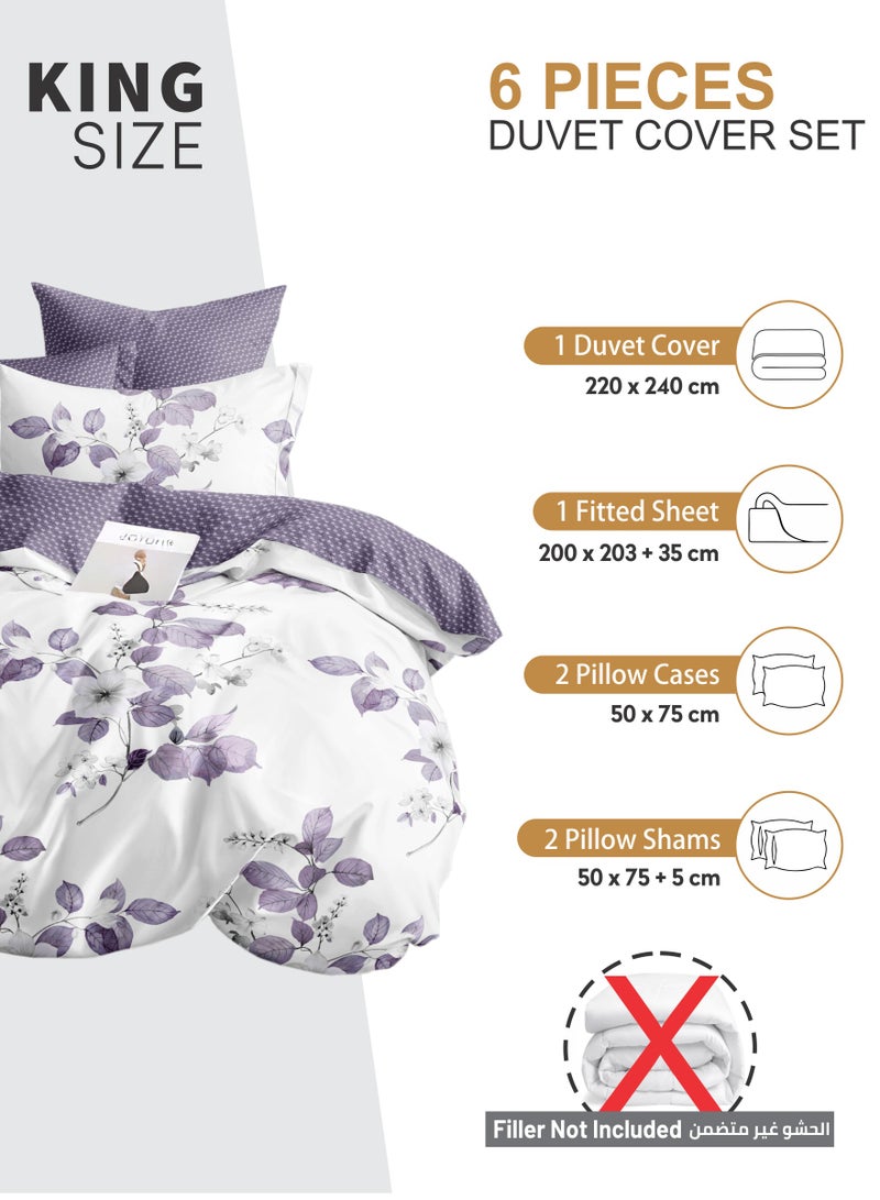 Duvet Cover Set 6-Pcs King Size Printed Bed Set Fits (200x200 CM) With Fitted Sheet PillowSham And Pillow Cases (Without Filler),Lavender Grey