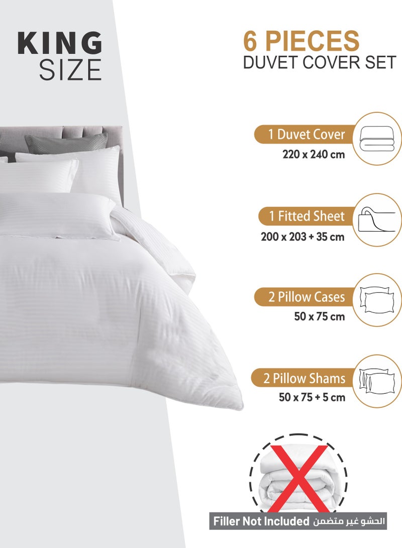 Duvet Set 6-Pcs King Size Striped Microfiber Bed Set Fits(200x200 CM) With Duvet Cover Fitted Sheet PillowSham And Pillowcases(Without Filler),White