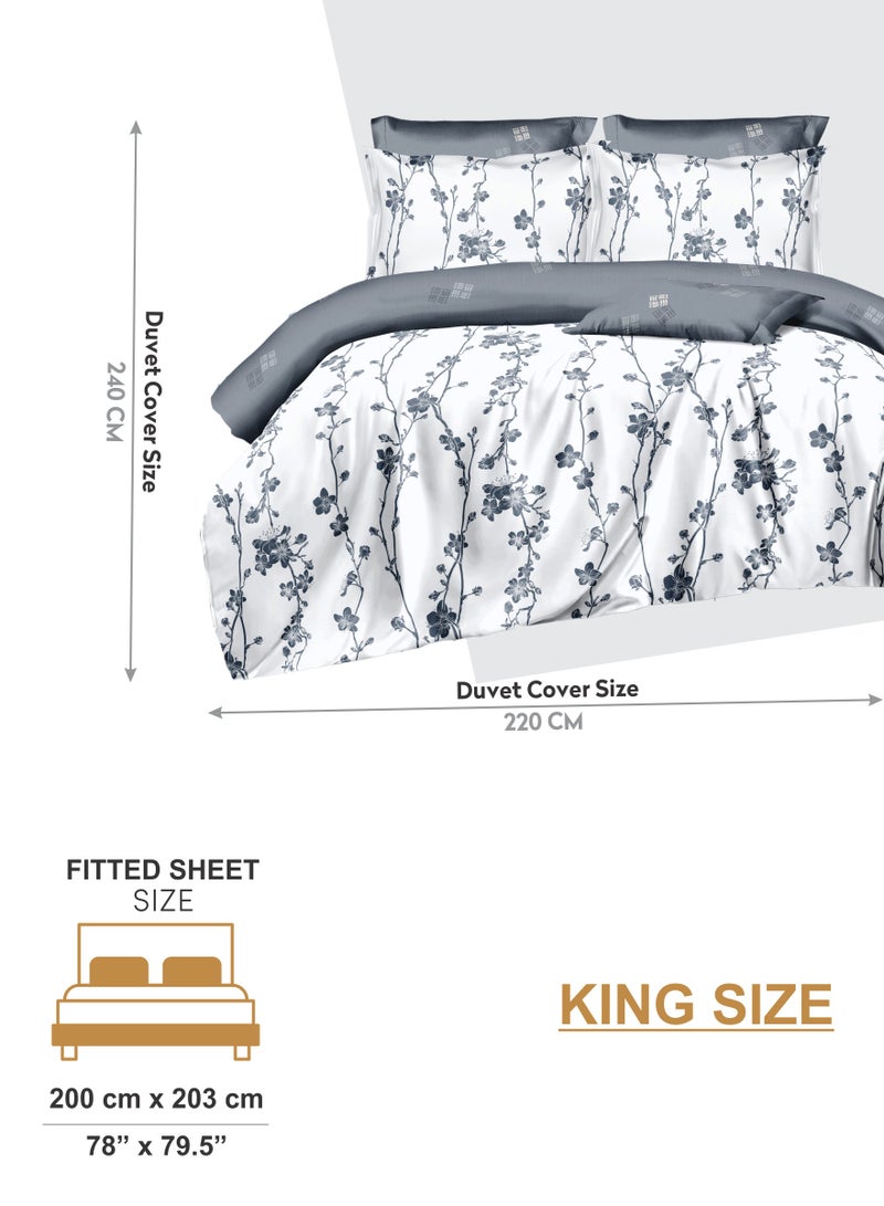 Duvet Cover Set 6-Pcs King Size Printed Bed Set Fits (200x200 CM) With Fitted Sheet PillowSham And Pillow Cases (Without Filler),Steel Grey