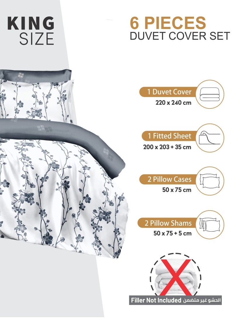 Duvet Cover Set 6-Pcs King Size Printed Bed Set Fits (200x200 CM) With Fitted Sheet PillowSham And Pillow Cases (Without Filler),Steel Grey