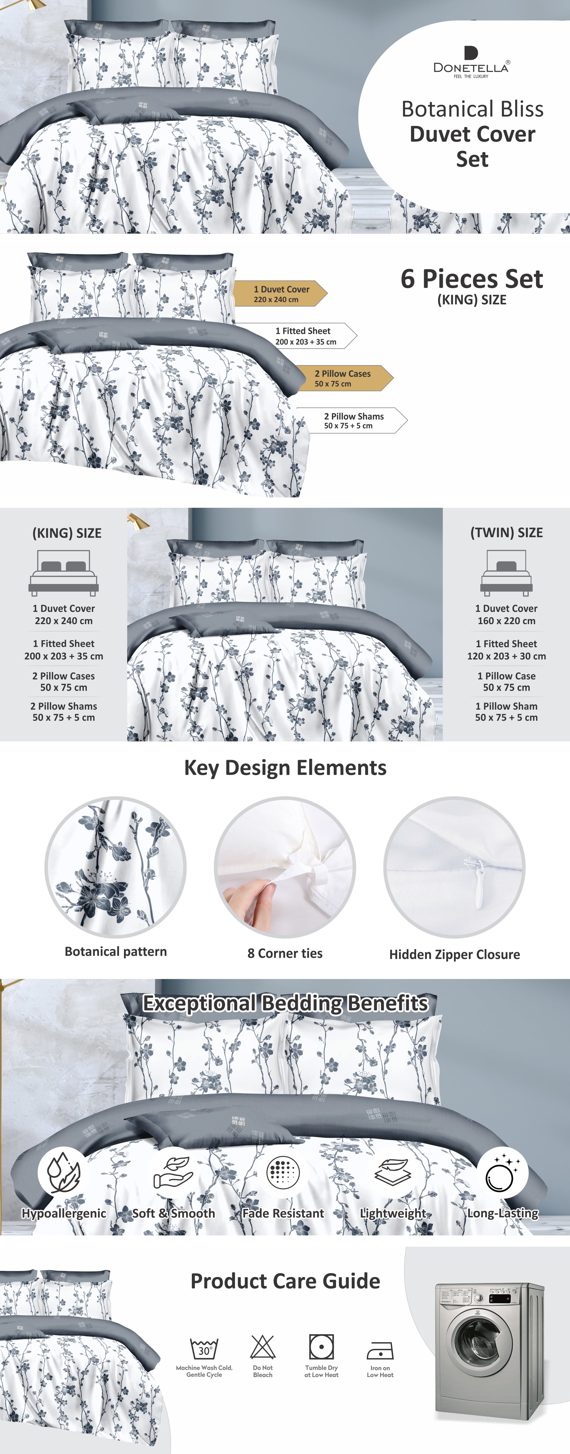 Duvet Cover Set 6-Pcs King Size Printed Bed Set Fits (200x200 CM) With Fitted Sheet PillowSham And Pillow Cases (Without Filler),Steel Grey