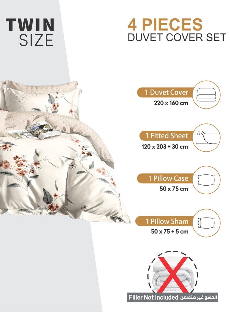 Duvet Cover Set 4-Pcs Twin Size Printed Bed Set Fits (100x200 CM) With Fitted Sheet Pillow Sham And Pillow Cases (Without Filler),Linen