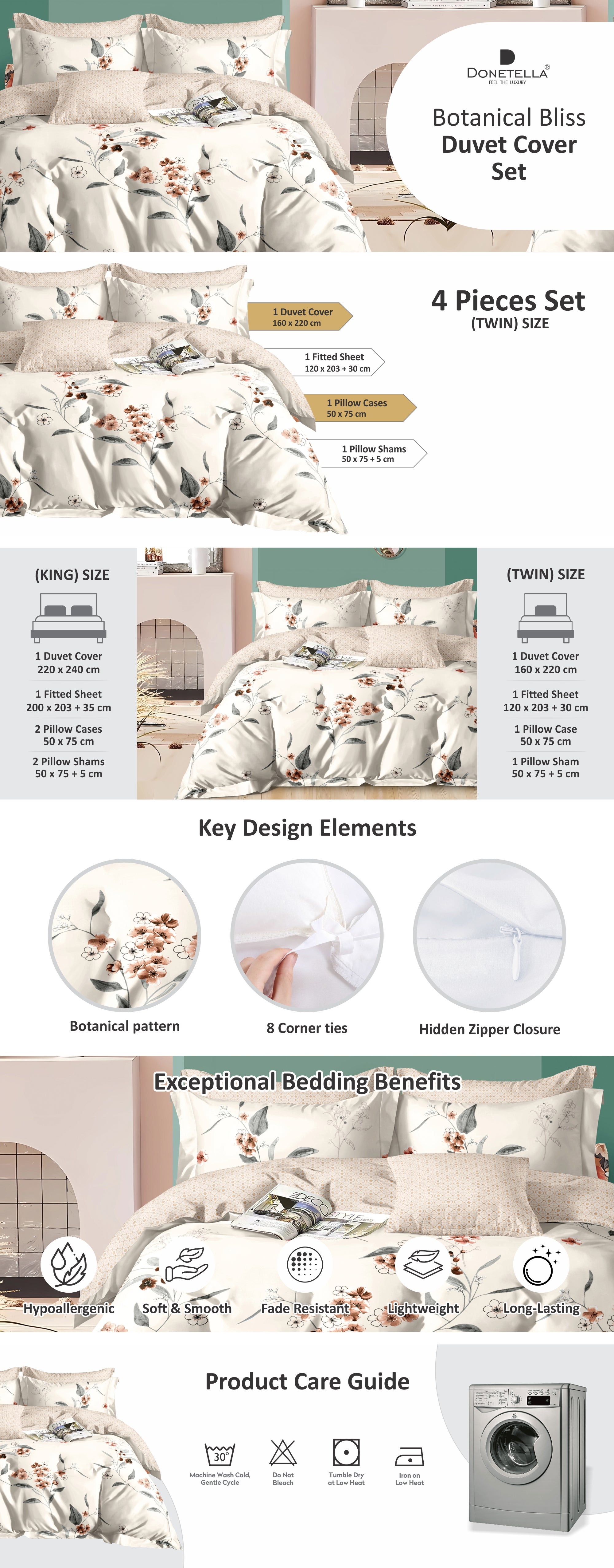 Duvet Cover Set 4-Pcs Twin Size Printed Bed Set Fits (100x200 CM) With Fitted Sheet Pillow Sham And Pillow Cases (Without Filler),Linen