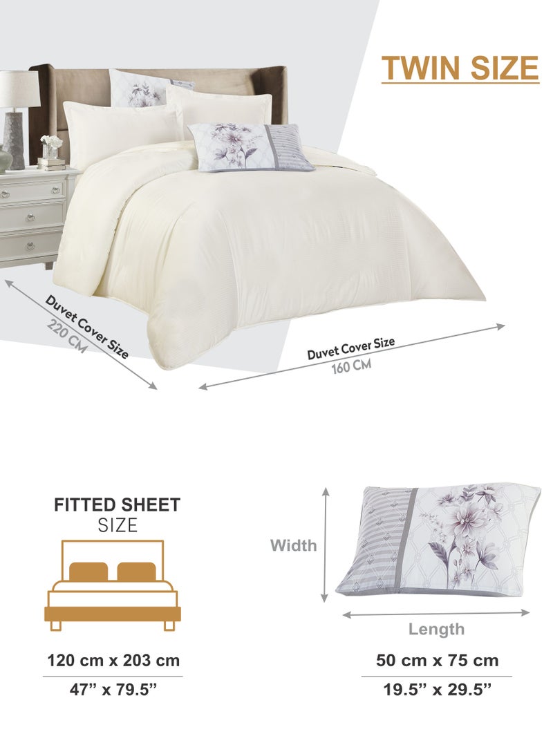 Duvet Set 4-Pcs Single Size Striped Microfiber Bed Set Fits(100x200 CM) With Duvet Cover Fitted Sheet Pillow Sham And Pillowcases(Without Filler),Off-White