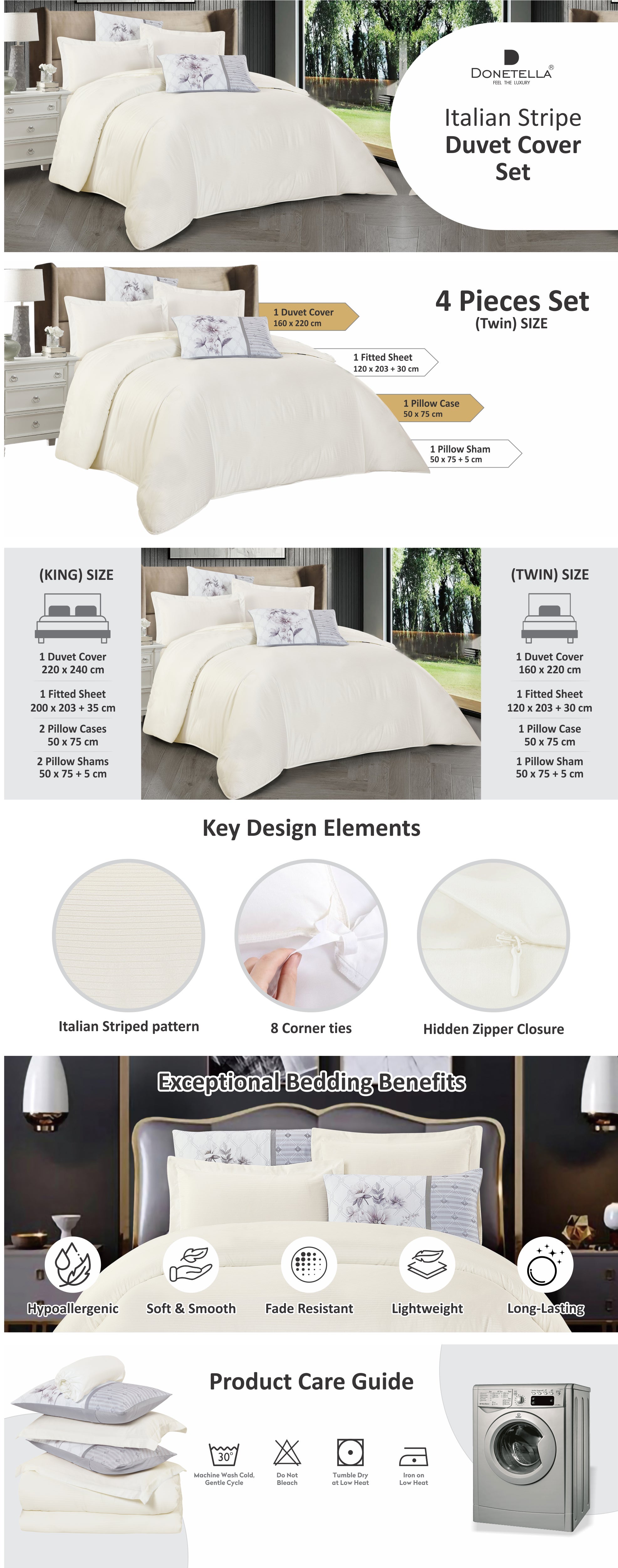 Duvet Set 4-Pcs Single Size Striped Microfiber Bed Set  With 1 Duvet Cover(160 x 220 CM) 1 Fitted Sheet 1 PillowSham And 1 Pillowcases(Without Filler),Off white