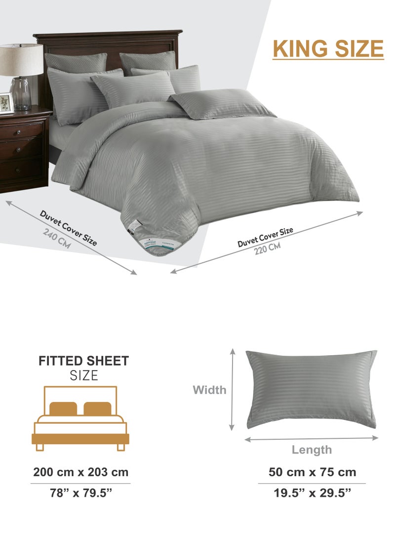 Duvet Set 6-Pcs King Size Striped Microfiber Bed Set Fits(200x200 CM) With Duvet Cover Fitted Sheet PillowSham And Pillowcases(Without Filler),Silver Grey