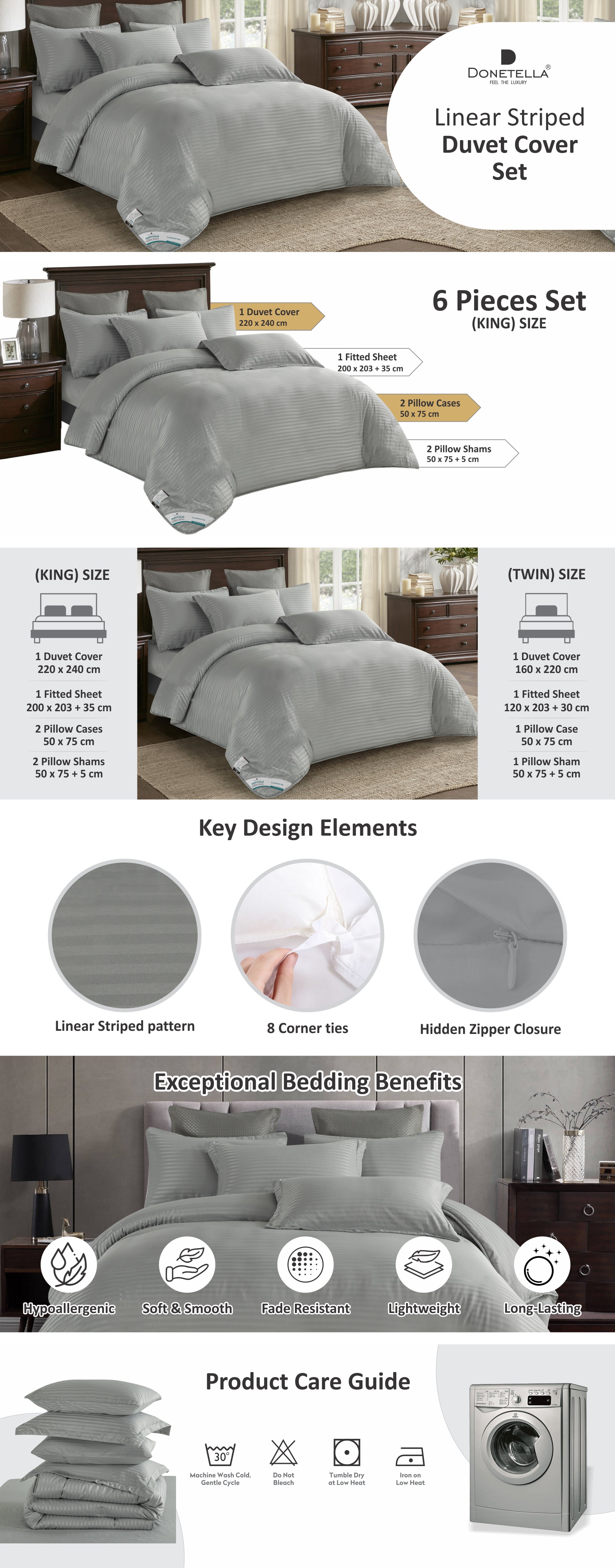 Duvet Set 6-Pcs King Size Striped Microfiber Bed Set Fits(200x200 CM) With Duvet Cover Fitted Sheet PillowSham And Pillowcases(Without Filler),Silver Grey