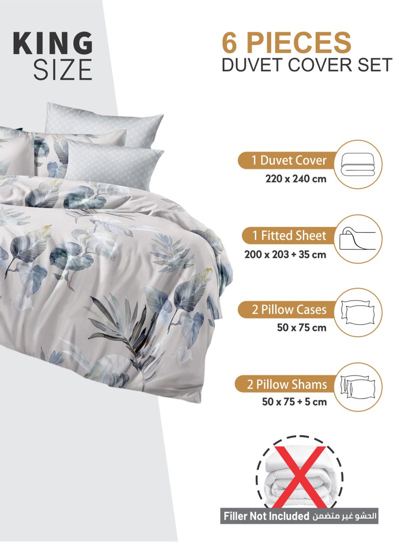 Duvet Cover Set 6-Pcs King Size Printed Bed Set Fits (200x200 CM) With Fitted Sheet PillowSham And Pillow Cases (Without Filler),Grey