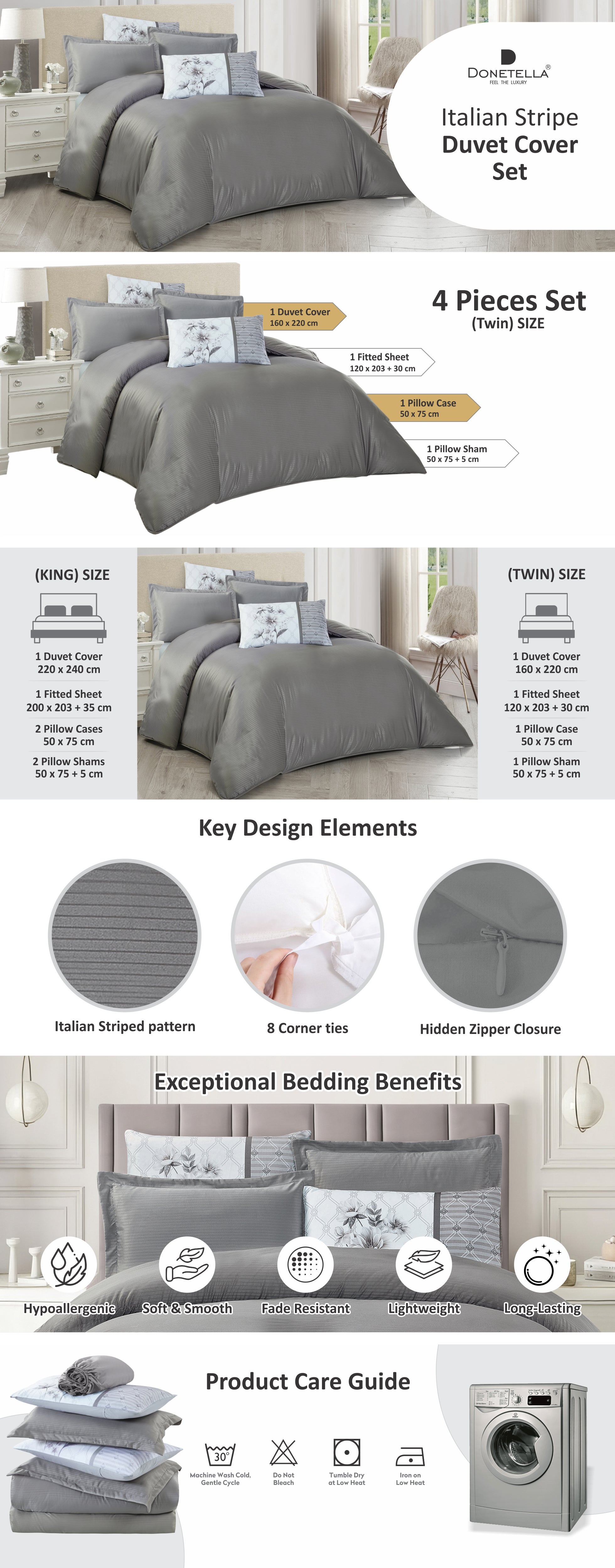 Duvet Set 4-Pcs Single Size Striped Microfiber Bed Set  With 1 Duvet Cover(160 x 220 CM) 1 Fitted Sheet 1 PillowSham And 1 Pillowcases(Without Filler),Dark Grey
