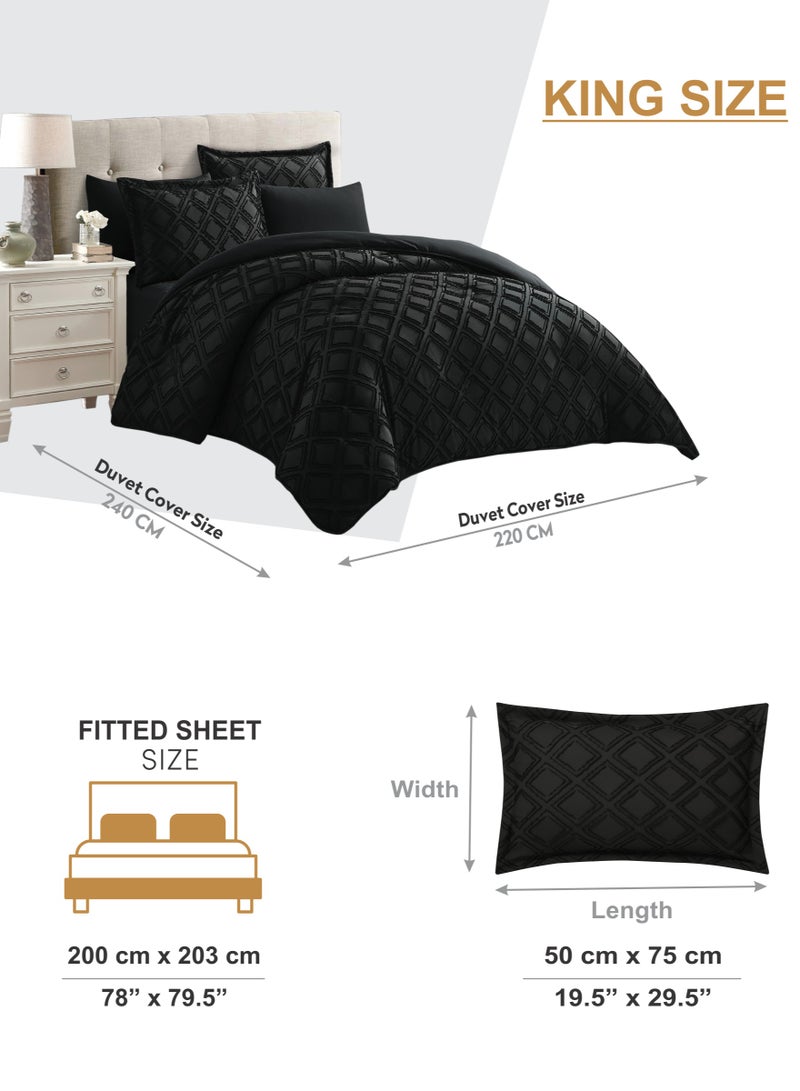 Duvet Set 6-Pcs King Size Emroidered Tufted Microfiber Bed Set Fits(200x200 CM) With Duvet Cover Fitted Sheet PillowSham And Pillowcases(Without Filler),Black